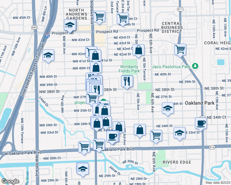 map of restaurants, bars, coffee shops, grocery stores, and more near 230 Northeast 38th Street in Oakland Park