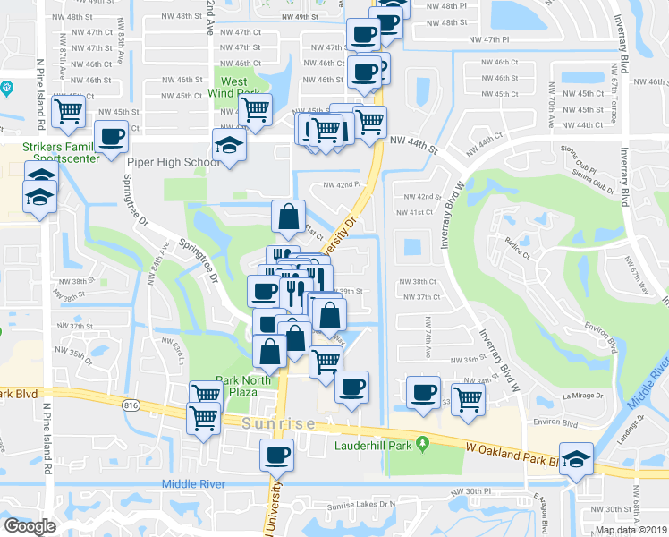 map of restaurants, bars, coffee shops, grocery stores, and more near 4000 Del Rio Way in Sunrise