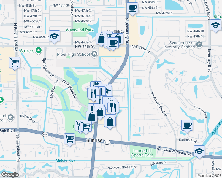 map of restaurants, bars, coffee shops, grocery stores, and more near 4000 Del Rio Way in Sunrise
