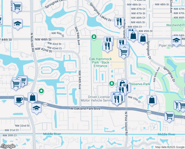 map of restaurants, bars, coffee shops, grocery stores, and more near 9311 Northwest 38th Place in Sunrise