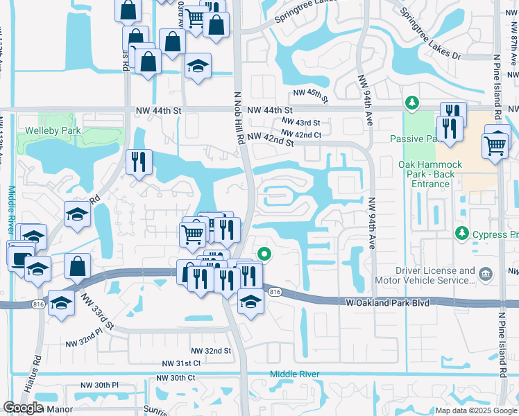 map of restaurants, bars, coffee shops, grocery stores, and more near 460 Nob Hill Court in Sunrise