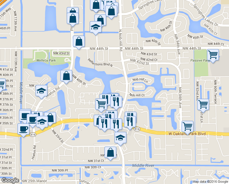 map of restaurants, bars, coffee shops, grocery stores, and more near 3955 North Nob Hill Road in Sunrise