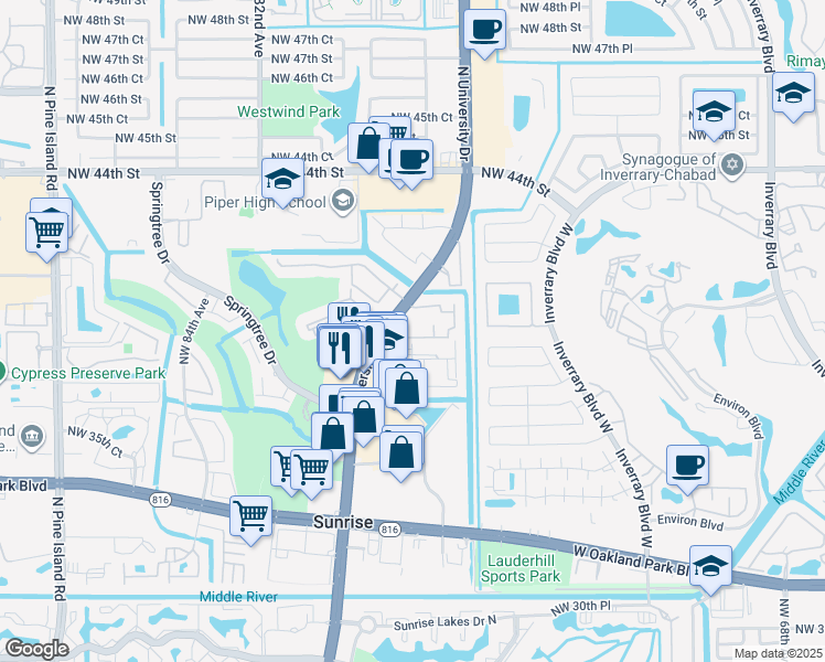 map of restaurants, bars, coffee shops, grocery stores, and more near 4000 Del Rio Way in Sunrise