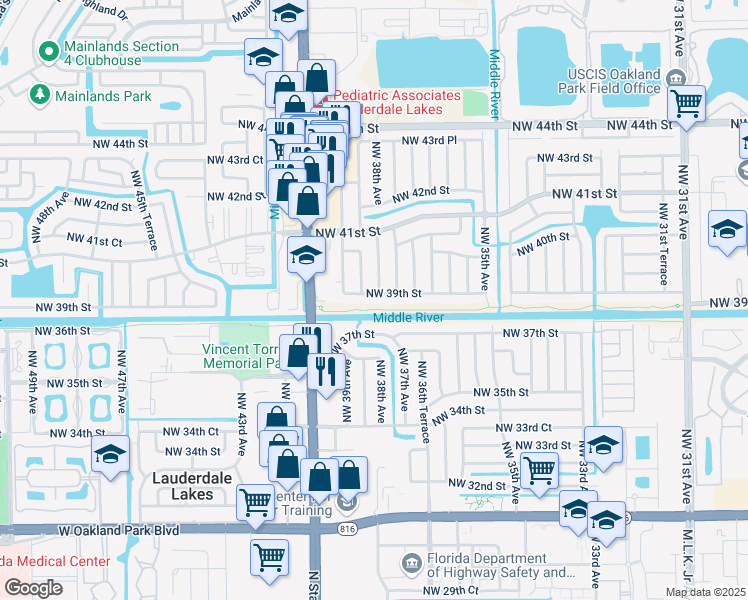map of restaurants, bars, coffee shops, grocery stores, and more near 3810 Northwest 39th Street in Lauderdale Lakes