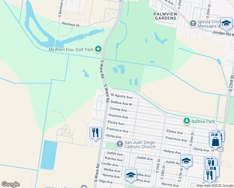 map of restaurants, bars, coffee shops, grocery stores, and more near 3619 West Agusta Avenue in McAllen
