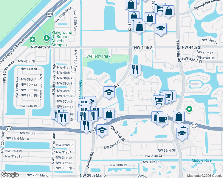 map of restaurants, bars, coffee shops, grocery stores, and more near 3910 Hiatus Road in Sunrise
