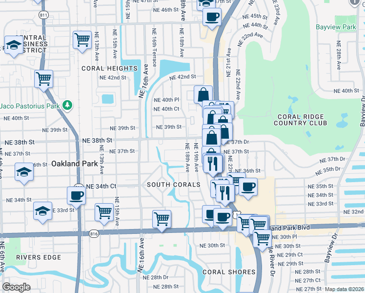 map of restaurants, bars, coffee shops, grocery stores, and more near 1777 Northeast 37th Street in Oakland Park