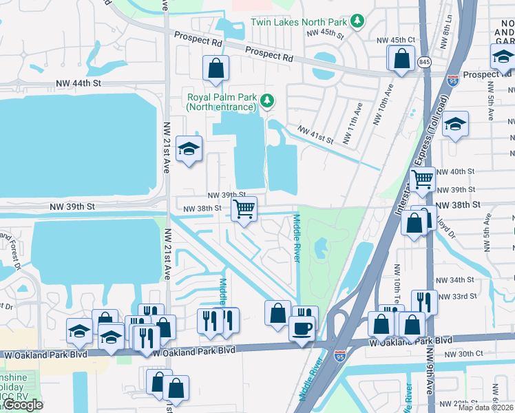 map of restaurants, bars, coffee shops, grocery stores, and more near 1736 Northwest 38th Street in Oakland Park