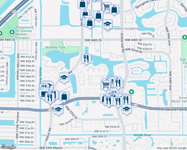 map of restaurants, bars, coffee shops, grocery stores, and more near 10023 Winding Lake Road in Sunrise