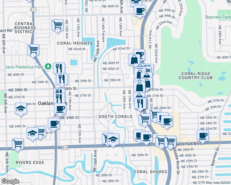 map of restaurants, bars, coffee shops, grocery stores, and more near 1701 Northeast 37th Street in Oakland Park