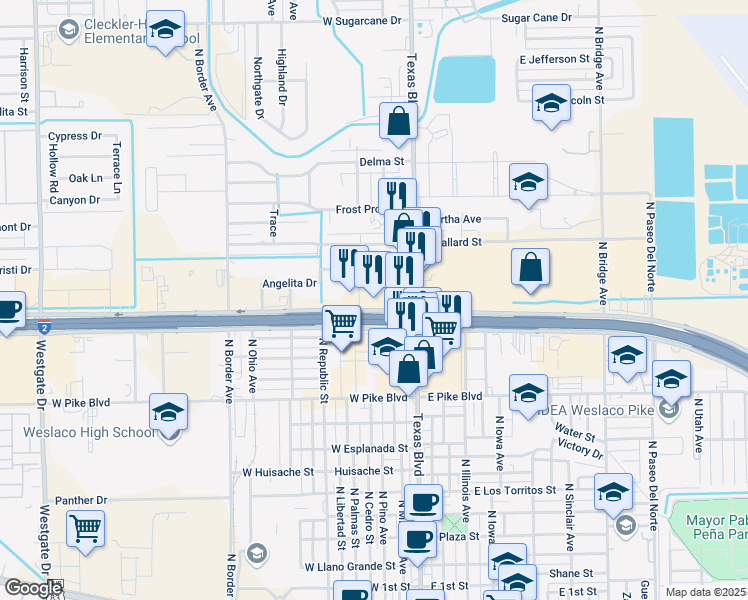 map of restaurants, bars, coffee shops, grocery stores, and more near 134 West Frontage Road in Weslaco