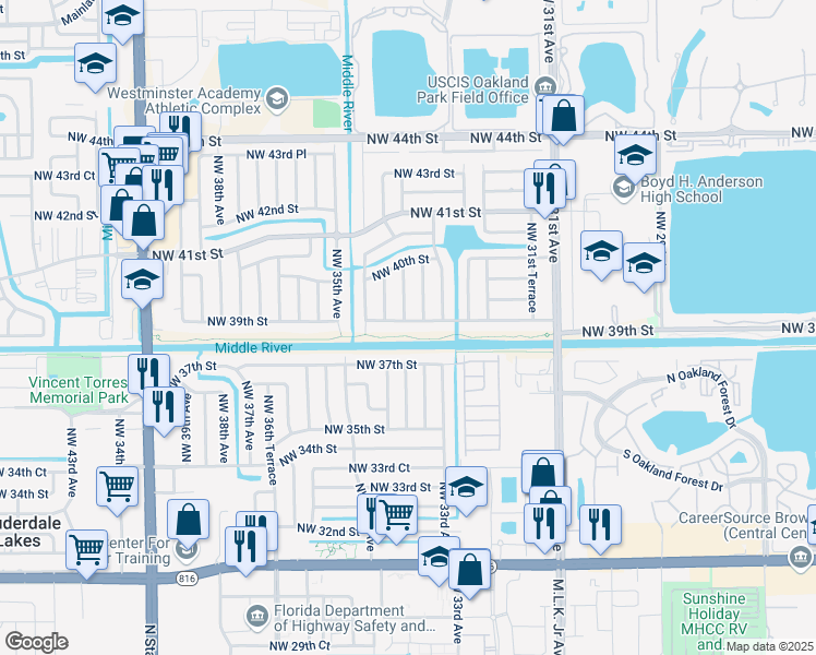 map of restaurants, bars, coffee shops, grocery stores, and more near 3390 Northwest 39th Street in Lauderdale Lakes