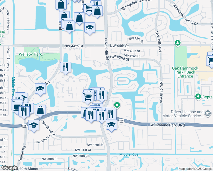 map of restaurants, bars, coffee shops, grocery stores, and more near 3955 North Nob Hill Road in Sunrise