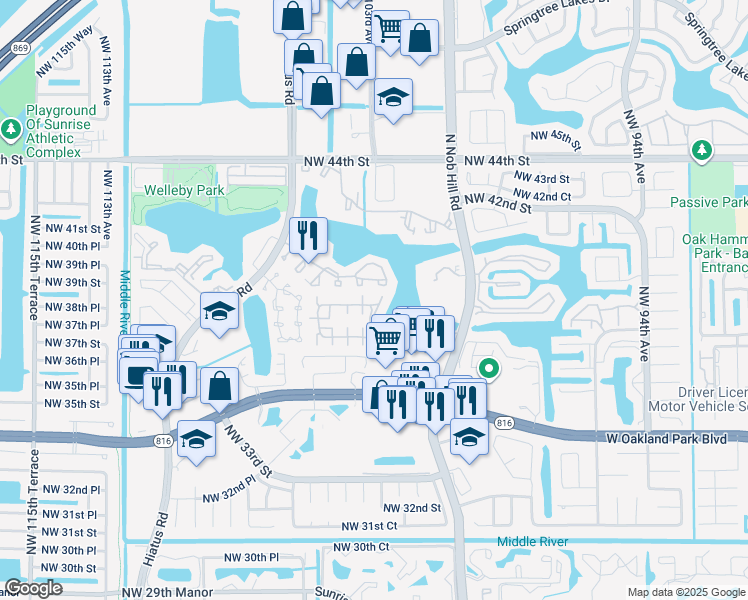 map of restaurants, bars, coffee shops, grocery stores, and more near 10022 Winding Lake Road in Sunrise