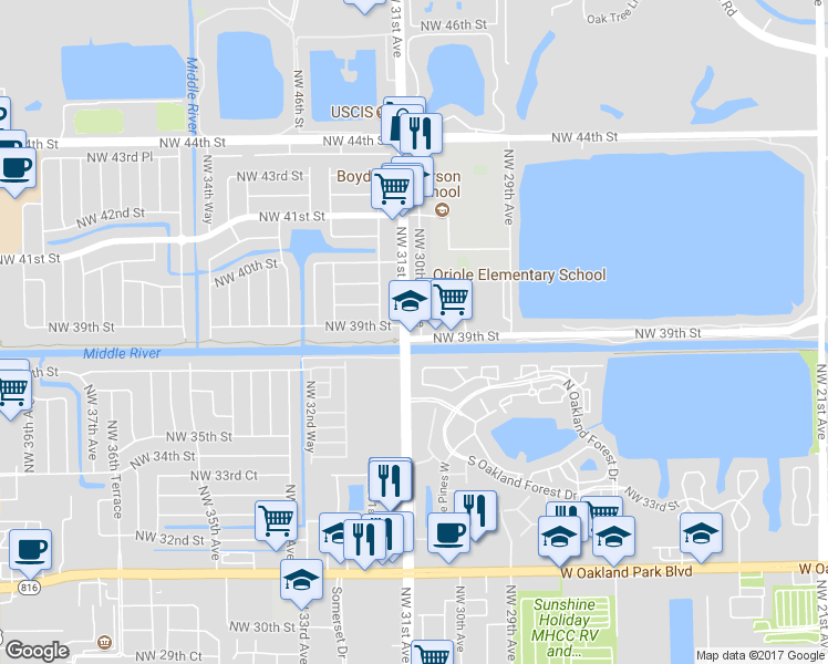 map of restaurants, bars, coffee shops, grocery stores, and more near 3901 Northwest 30th Terrace in Lauderdale Lakes