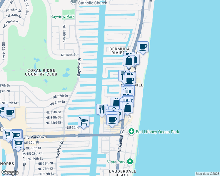 map of restaurants, bars, coffee shops, grocery stores, and more near 3308 Northeast 37th Street in Fort Lauderdale