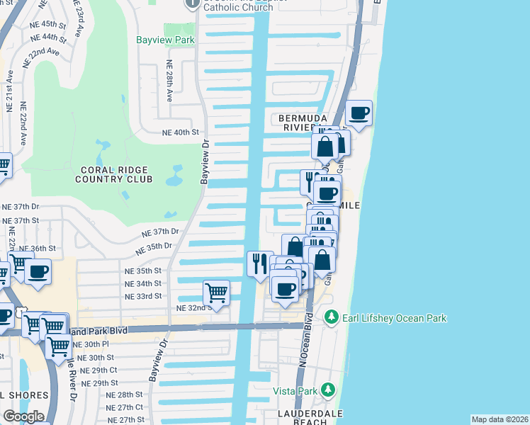 map of restaurants, bars, coffee shops, grocery stores, and more near 111 Northeast 32nd Avenue in Fort Lauderdale