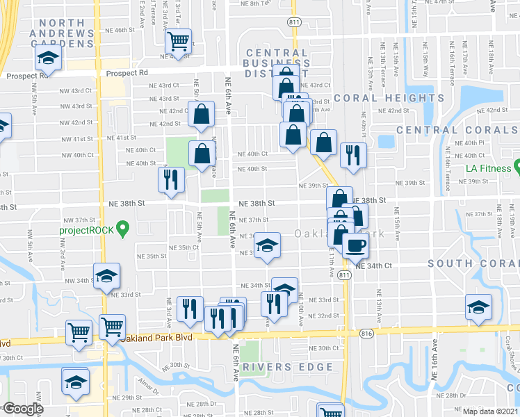 map of restaurants, bars, coffee shops, grocery stores, and more near 699 Northeast 37th Street in Oakland Park