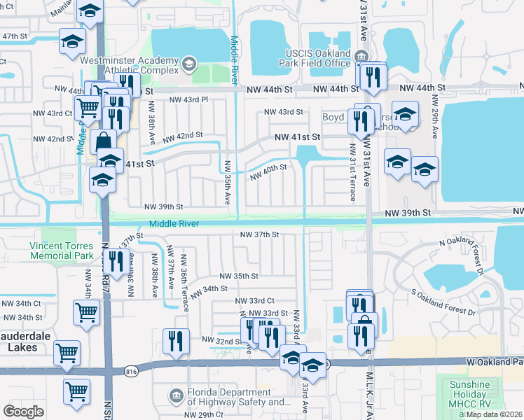 map of restaurants, bars, coffee shops, grocery stores, and more near 3390 Northwest 39th Street in Lauderdale Lakes