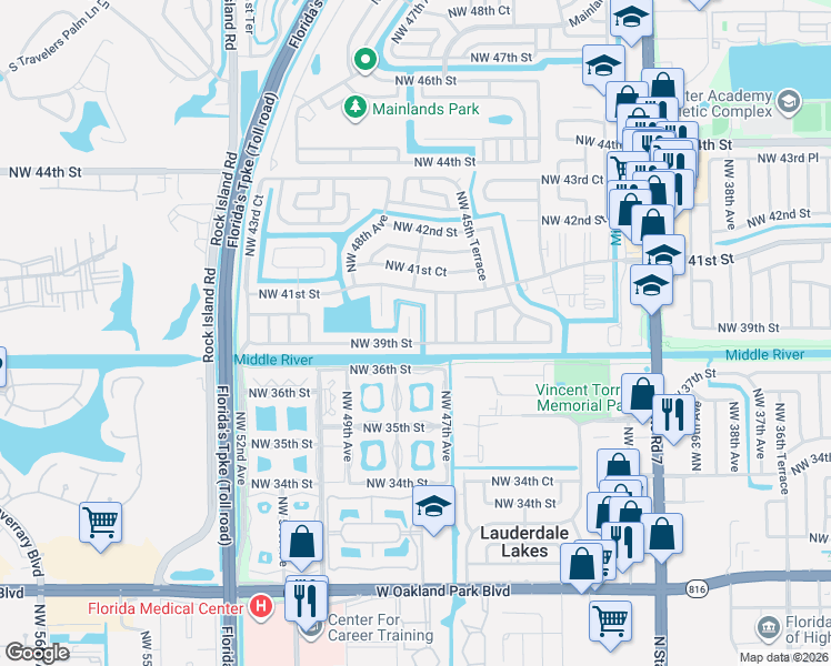 map of restaurants, bars, coffee shops, grocery stores, and more near 3900 Northwest 47th Avenue in Lauderdale Lakes