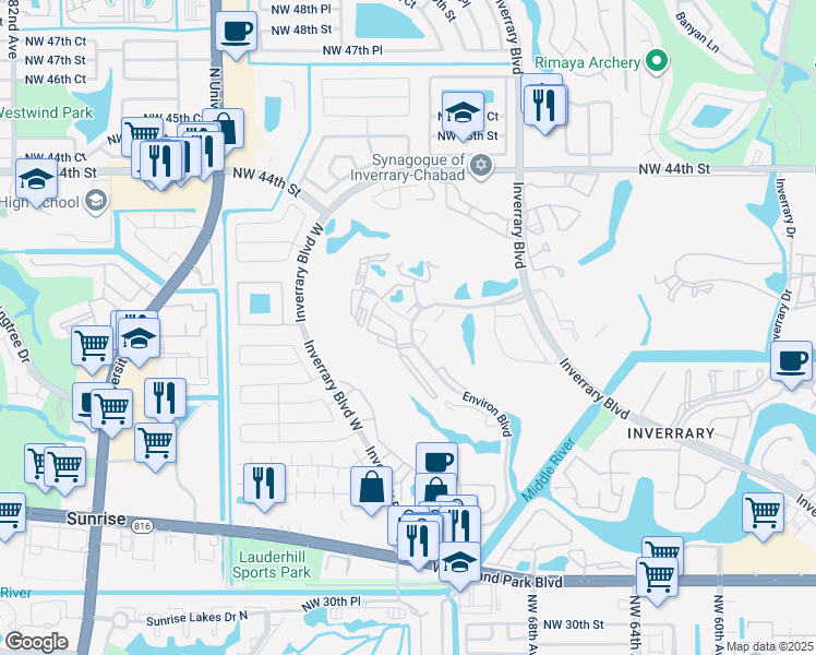 map of restaurants, bars, coffee shops, grocery stores, and more near 7100 Radice Court in Lauderhill