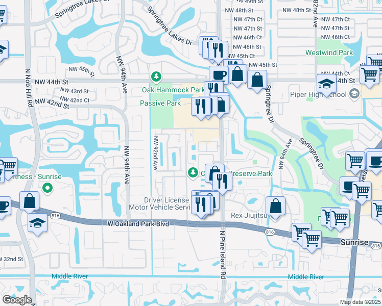 map of restaurants, bars, coffee shops, grocery stores, and more near 3930 Northwest 90th Way in Sunrise