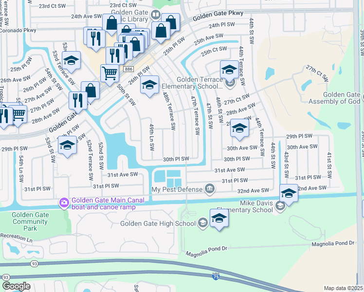 map of restaurants, bars, coffee shops, grocery stores, and more near 2976 Tropicana Boulevard in Naples