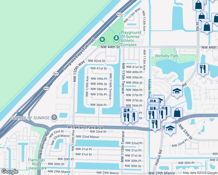 map of restaurants, bars, coffee shops, grocery stores, and more near 11651 Northwest 38th Place in Sunrise