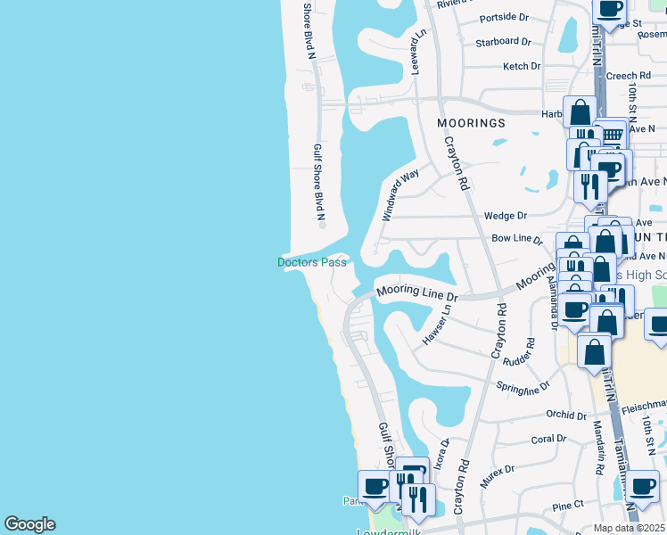 map of restaurants, bars, coffee shops, grocery stores, and more near 2200 Gulf Shore Blvd N in Naples