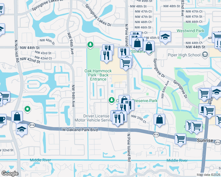 map of restaurants, bars, coffee shops, grocery stores, and more near 3930 Northwest 90th Way in Sunrise