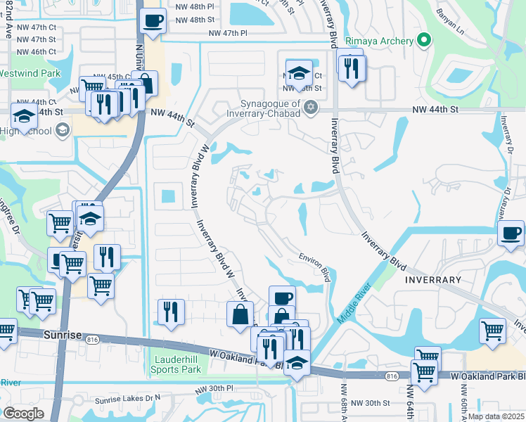 map of restaurants, bars, coffee shops, grocery stores, and more near 7100 Radice Court in Lauderhill