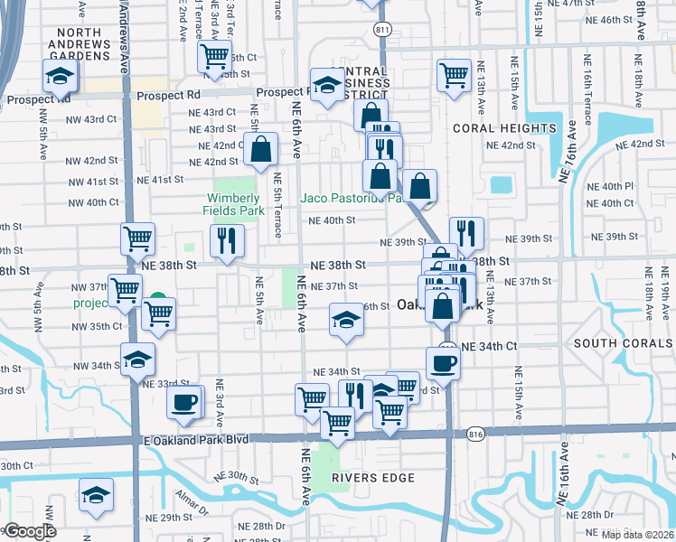 map of restaurants, bars, coffee shops, grocery stores, and more near 699 Northeast 37th Street in Oakland Park