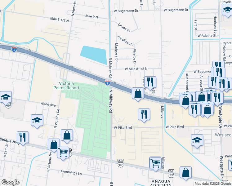map of restaurants, bars, coffee shops, grocery stores, and more near 3209 West Expressway 83 in Weslaco