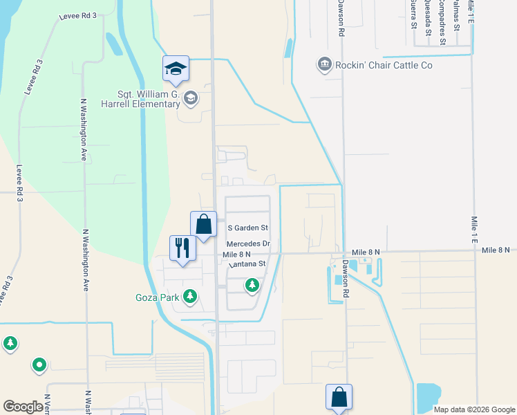 map of restaurants, bars, coffee shops, grocery stores, and more near 3808 North Garden Street in Mercedes