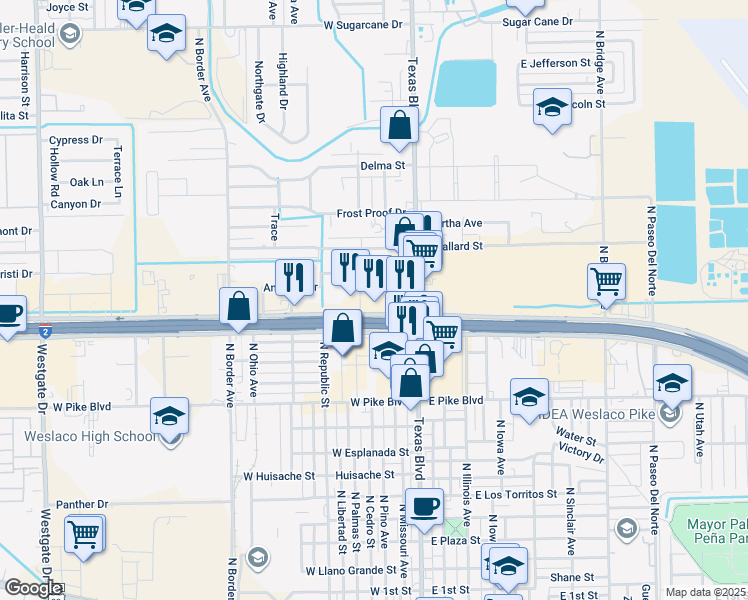 map of restaurants, bars, coffee shops, grocery stores, and more near 320 West Expressway 83 in Weslaco