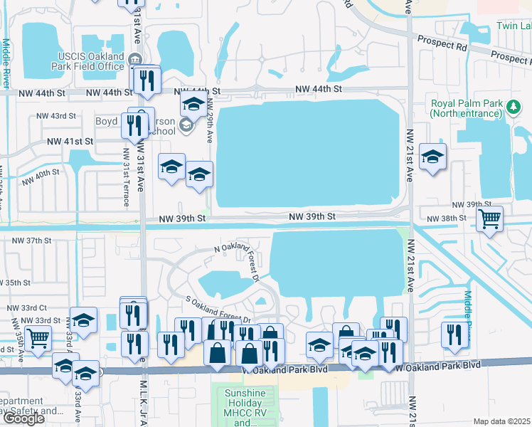 map of restaurants, bars, coffee shops, grocery stores, and more near 538 Northwest 39th Street in Oakland Park