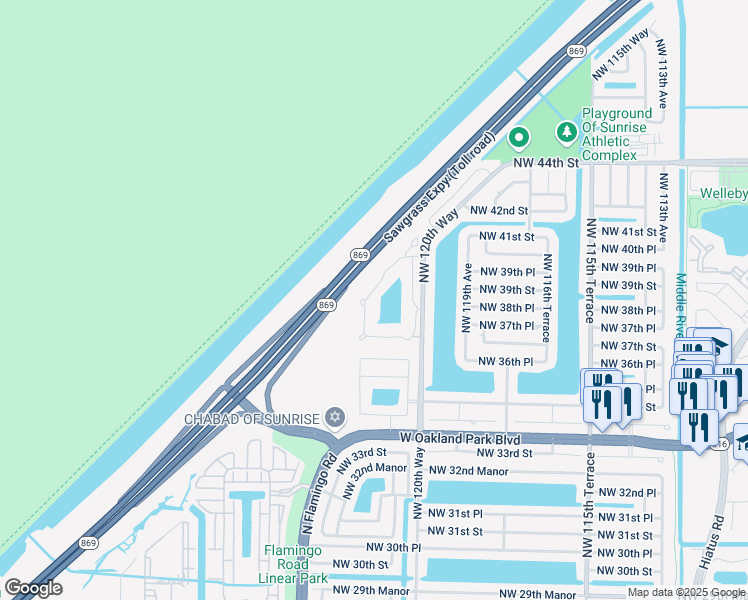 map of restaurants, bars, coffee shops, grocery stores, and more near 139 Northwest 122nd Terrace in Sunrise