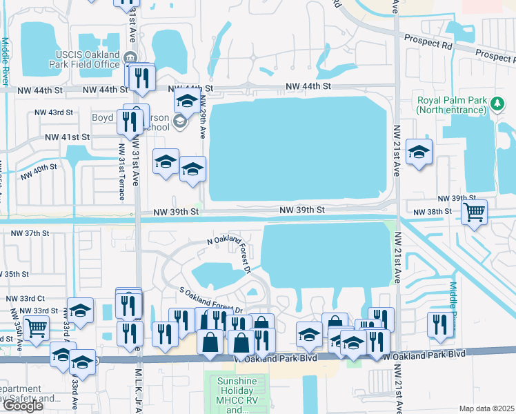 map of restaurants, bars, coffee shops, grocery stores, and more near 538 Northwest 39th Street in Oakland Park