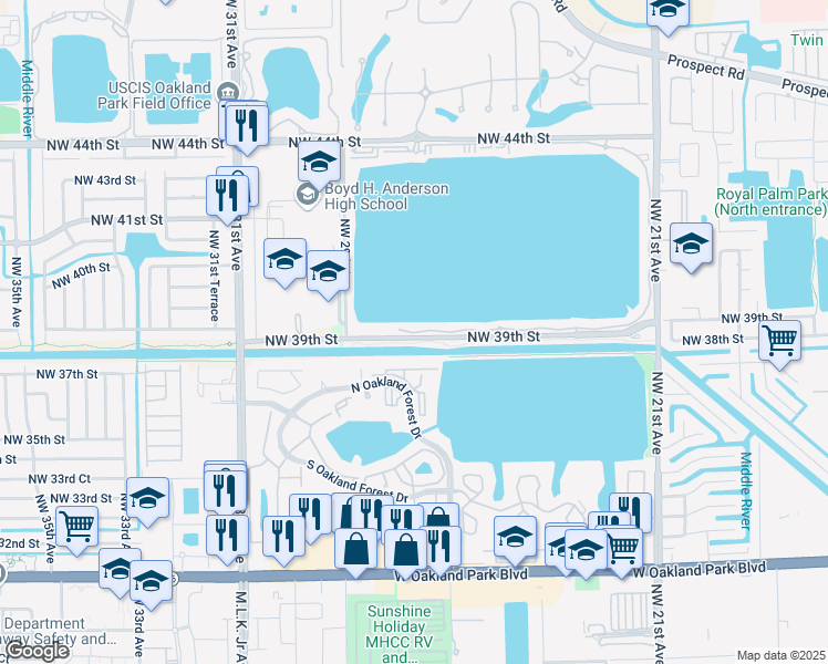 map of restaurants, bars, coffee shops, grocery stores, and more near 118 Lake Emerald Drive in Oakland Park