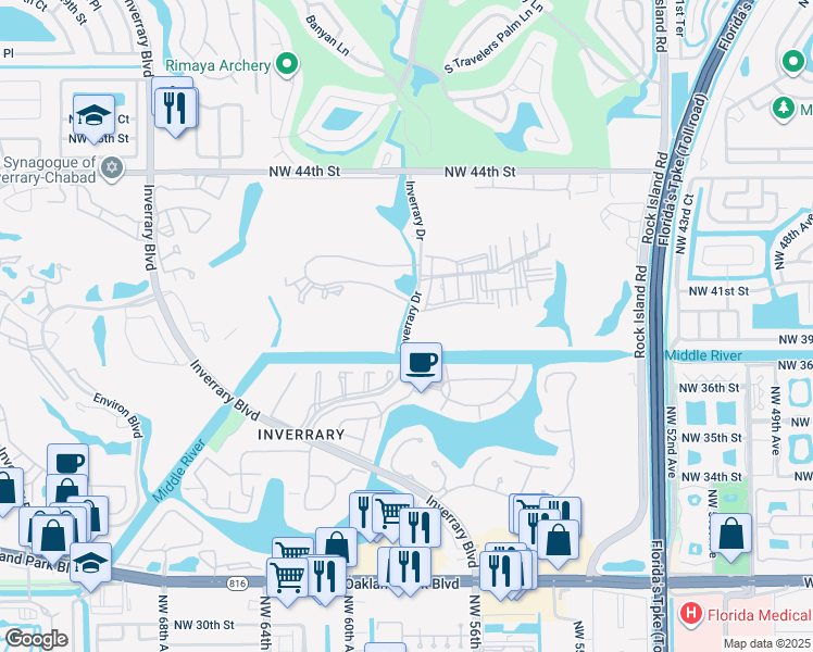 map of restaurants, bars, coffee shops, grocery stores, and more near 3805-3887 Inverrary Drive in Lauderhill