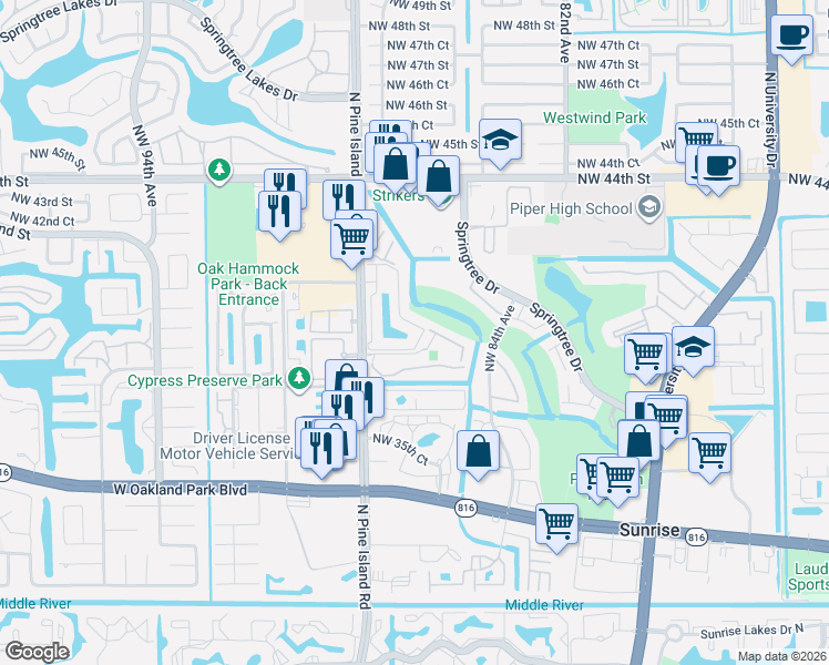 map of restaurants, bars, coffee shops, grocery stores, and more near 4062 Northwest 88th Avenue in Sunrise
