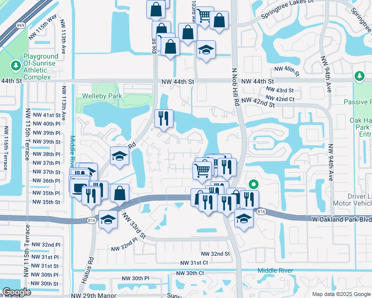 map of restaurants, bars, coffee shops, grocery stores, and more near 10022 Winding Lake Road in Sunrise