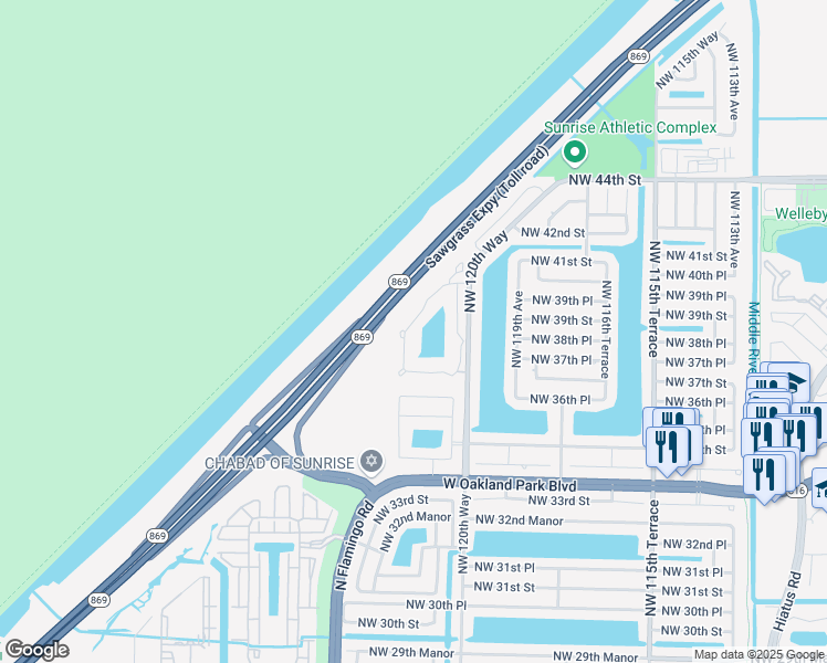 map of restaurants, bars, coffee shops, grocery stores, and more near 139 Northwest 122nd Terrace in Sunrise