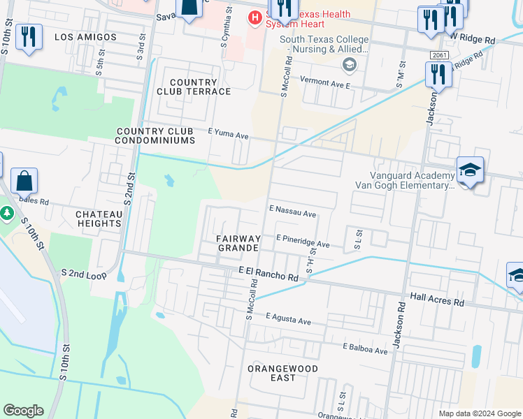 map of restaurants, bars, coffee shops, grocery stores, and more near 608 East Nassau Avenue in McAllen