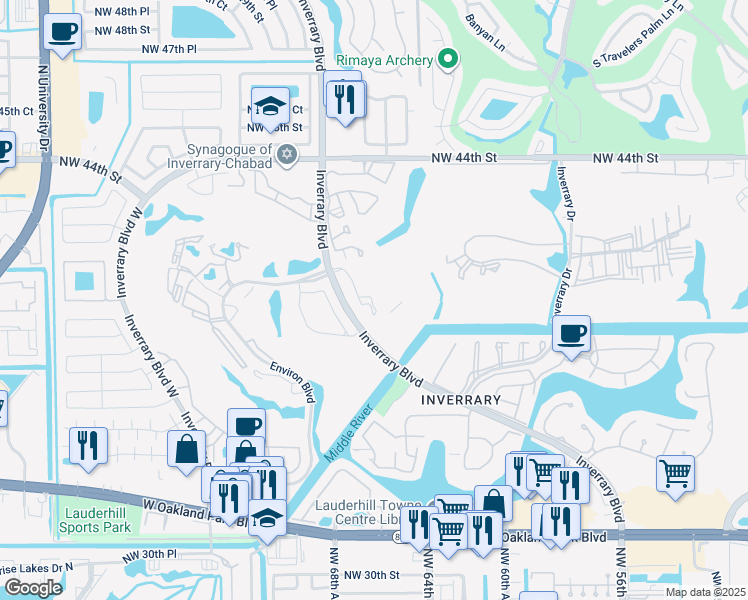 map of restaurants, bars, coffee shops, grocery stores, and more near 3920 Inverrary Boulevard in Lauderhill