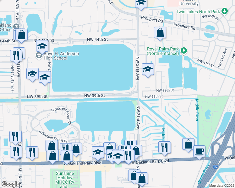 map of restaurants, bars, coffee shops, grocery stores, and more near 113 Northwest 39th Street in Oakland Park