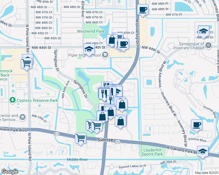 map of restaurants, bars, coffee shops, grocery stores, and more near 4003 North University Drive in Sunrise