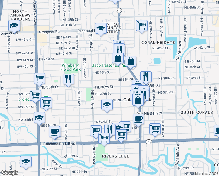 map of restaurants, bars, coffee shops, grocery stores, and more near 838 Northeast 38th Street in Oakland Park