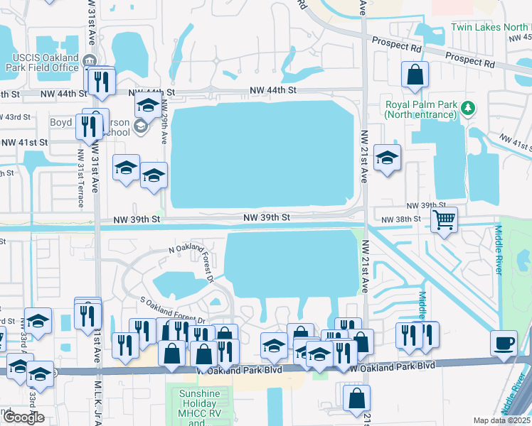 map of restaurants, bars, coffee shops, grocery stores, and more near 115 Lake Emerald Drive in Oakland Park