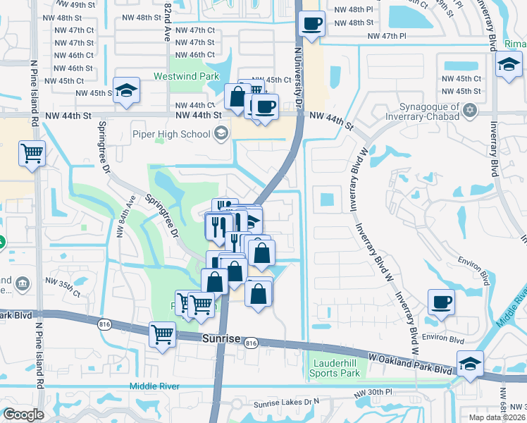 map of restaurants, bars, coffee shops, grocery stores, and more near 4000 Del Rio Way in Sunrise